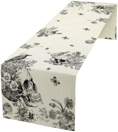 Gothic Skull Crow Flower Table Runner, Black Raven Vintage Bloom Floral Sugar Skull Black Moth Dinner Runner for Farmhouse Halloween Party Holiday Home Kitchen Dining Table Decor 13"x120" by SHElifestyle
