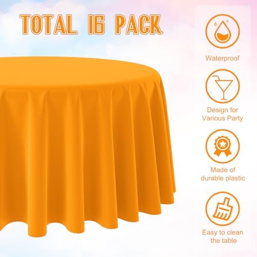 16 Pack Orange Plastic Tablecloths for Round Tables, Premium Decorative Orange Disposable Table Covers for Parties, Round Party Table Cover for Fall Autumn Birthday Thanksgiving Graduation, 84 Inch - Image 3