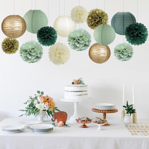 zilue Paper Lanterns and Paper Pom Poms Sage Green Party Decorations 15pcs - Image 3