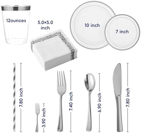 250PCS Plastic Plates Set With Silver Rim Elegant Cutlery set for 25 Guests - Image 3