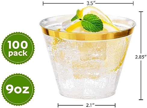 I00000 Heavy Duty Plastic Cups, 9 oz, Gold Rimmed, Clear, 100 Count, BPA Free, Disposable, for Party & Wedding - Image 2