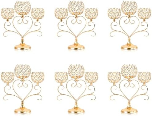 6 Pcs Gold 3-Arm Heart Tea Light Candle Holder - Crystal & Metal Wedding Centerpiece Decor, Sparkling Table Decor for Anniversaries/Romantic Tabletop Home/Dinner Party/Events by kehail