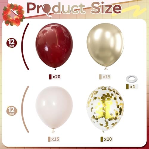 Burgundy and Gold Balloons, 60Pcs Burgundy Maroon Wine Dark Red White Metallic Gold Nude Balloons with Confetti Balloons for Girls Birthday Graduation Bridal Shower Wedding Party Decorations Supplies - Image 2
