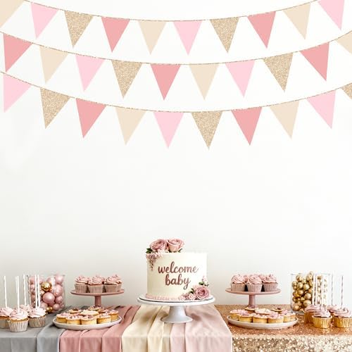 Champagne Gold Dusty Rose Pink Beige Party Pennant Banner Flag Hanging Glitter Paper Triangle Bunting for Women Girls Birthday Wedding Bridal Shower Holiday Party Decorations Supplies - Image 7