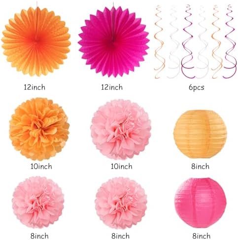 Hot-Pink Orange 21st Happy-Birthday Party-Decorations - 31pcs Sweet 16 18th Women Girls Paper Lanterns Streamers Banner,Tissue Pom Poms Fans Tassels Graland Decor,Fall Boho Backdrop Supplies Hugmoon - Image 4