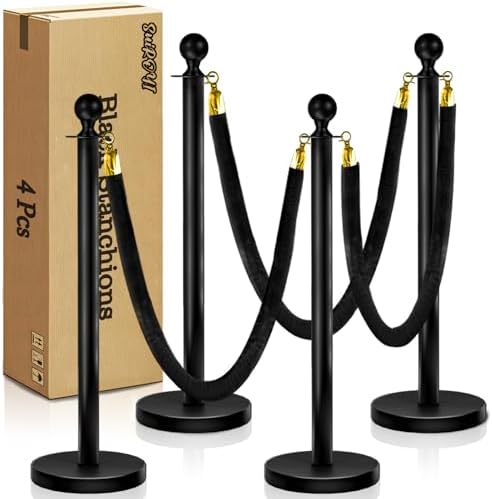 4 Pcs Black Stanchions with Velvet Ropes with 3 Pcs 5 Ft Black Velvet Ropes Carpet Ropes Posts Stanchion Set for Crowd Control Barriers for Weddings, Events, Hotels, and Party Decor by SuiROYI