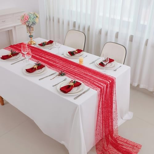 Snowkingdom 6 Pcs Red Glitter Table Runner 10 FT, Sheer Chiffon Sparkle Gauze Cheesecloth Mesh Runners 120 Inch, Red Table Centerpieces Decoration for Birthday Party Wedding Christmas Mothers Day - Image 5