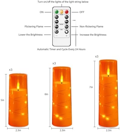 Nimiko Flickering Flameless LED Candles,Battery Operated Candles 9 Pcs with Embedded Star String,Acrylic LED Pillar Candles with Remote,Suitable for Home Decoration to Create an Atmosphere (Orange) - Image 2