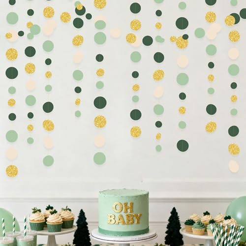 Sage Green Gold Beige Party Polka Dot Garlands Oilve Green Glitter Gold Hanging Paper Circle Dots Streamer for Birthday Wedding Shower Engagement Retirement Boho Safari Party Decorations Supplies - Image 7