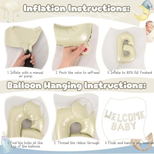 White and Gold Baby Shower Decorations, WELCOME BABY Letter Foil Balloons Banner Backdrop Set with Cream Beige Champagne Gold Latex & Heart Balloon for Newborn Babyboy Babygirl Infant Party Decoration - Image 7