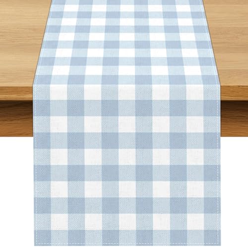 Dusty Blue Gingham Table Runner Blue Checkered Boy Girl Baby Shower Birthday Party Decoration Home Dining Kitchen Island Decor (13" x 72") by Buxiuer