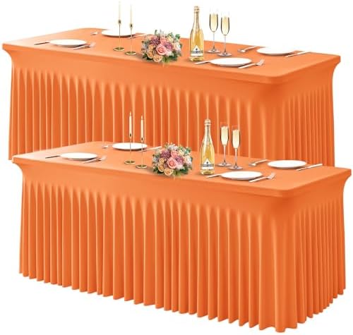 Wish Care 2 Pack Orange Spandex Table Clothes for 4 Foot Rectangle Tables, 4FT Wrinkle Free Fitted Tablecloths Ruffles Design Table Cover for Party, Banquet, Wedding and Events by WishCare