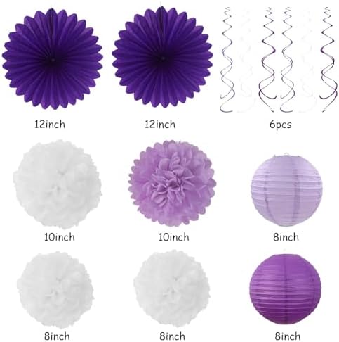 Purple-Lilac Lavender-White Happy Birthday Party-Decorations - 31pcs 20th Women Girls Paper Lanterns Streamers Banner,Tissue Pom Poms Decor,Flower Fans Tassels Graland Backdrop Supplies Hugmoon - Image 4