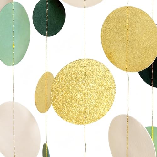 Sage Green Gold Beige Party Polka Dot Garlands Oilve Green Glitter Gold Hanging Paper Circle Dots Streamer for Birthday Wedding Shower Engagement Retirement Boho Safari Party Decorations Supplies - Image 3