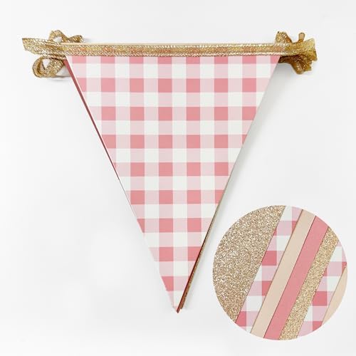 Dusty Rose Pink Buffalo Plaid Champagne Gold Party Decorations Pennant Banner Flag Hanging Glitter Paper Triangle Bunting for Women Girls Birthday Wedding Bridal Shower Hen Party Supplies - Image 3