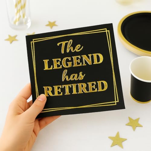 100‑Pack ‘The Legend Has Retired’ Black & Gold Napkins – 2‑Ply Cocktail, Lunch & Dinner Party Napkins – Elegant, Disposable Retirement Party Decoration – 6.5″ x 6.5″ Folded (Large, 100, Count) - Image 2