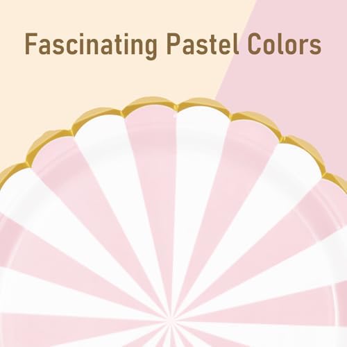 96PCS Pink Party Paper Plates with Gold Scalloped Edge, Pink Scalloped 9inch 7inch Dessert Paper Plates Party Supplies for Birthday Bridal Shower Picnic, Serve for 24 Guests, Striped - Image 5