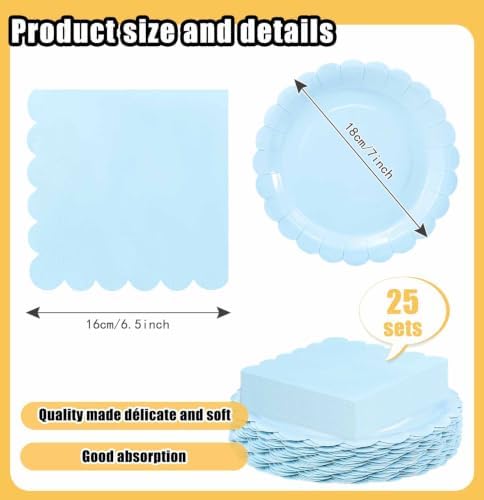 HEIPINIUYE 50 Pcs Light Blue Paper Plates and Napkins Party Supplies Include 7'' Blue Scalloped Plates and 6.5'' Paper Napkins Disposable Tableware Set for Dinner Wedding Birthday Party (Serves 25) - Image 3