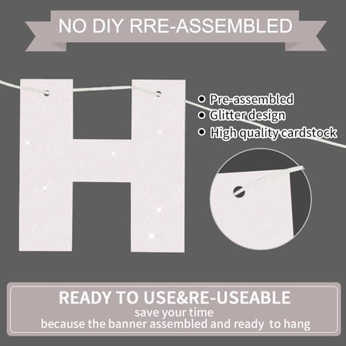 BEISHIDA Pre-Strung Glitter White Happy Birthday Banner Party Sign Decor - Image 3