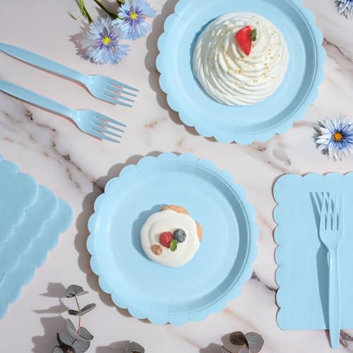 105PCS Light Blue Paper Plates & Napkins Set,7inch Scallope,with Forks - Image 5