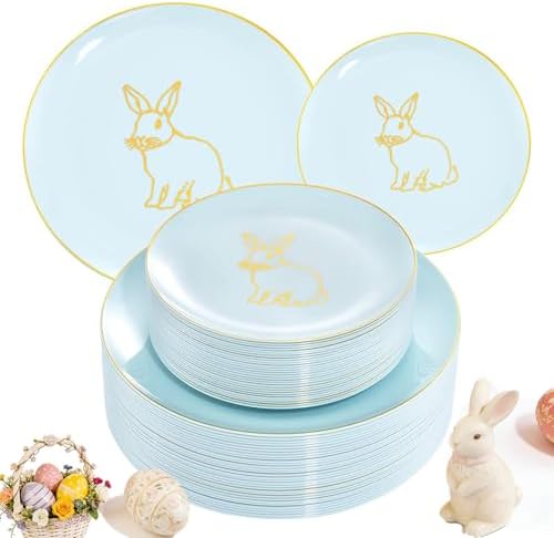 KIRE 60 Pieces Easter plates with Gold Bunny-Mint Green Plastic Plates include 30Pieces 10.25inch Dinner Bunny and 30Pieces 7.5inch Green Dessert/Salad Plates for Easter Day by KIRE