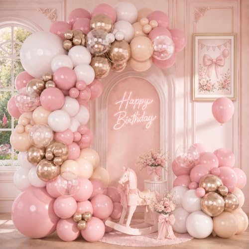 Dusty Pink Balloon Arch Kit, Boho Retro Blush Pink Champagne Gold White Latex Helium Party Balloons Garland for Girls Women Bridal Baby Shower Neutral Wedding Engagement Birthday Party Decorations by Paeyeq