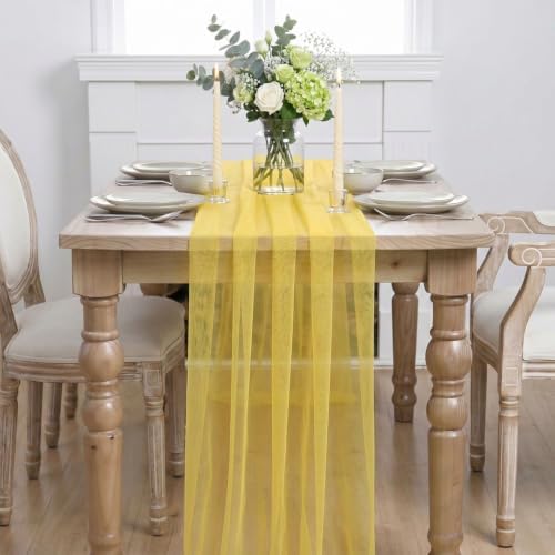 Artoid Mode 3Pcs Yellow Gauze Table Runner 28x120Inch, Seasonal Sheer Kitchen Dining Holiday Wedding Birthday Baby Shower Table Decor for Home Party - Image 2