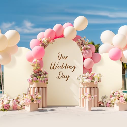 Beige Arch Backdrop Cover (7.2FT,6FT,6FT) Set of 3, Spandex 2-Sided Round Top Chiara Fitted Wedding Arch Cover Backdrop for Wedding Birthday Party Arch Stand Decoration - Image 3