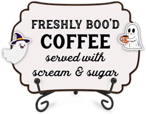 Halloween Table Sign 5x7 Inch Ghost Decor, Rustic Party Centerpiece with Metal Stand & 2 DIY Stickable Wood Decor, Freshly Bood Coffee Table Decoration for Home & Party Display - B06 by AMHGLW