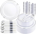 WDF Partyware 350Piece Silver Plastic Dinnerware Set for 50 Guests - Silver Plastic Plates with Cutlery Include:50Dinner Plates-50Dessert Plates-50Pre Rolled Napkins with Silverware Party Wedding by WDF