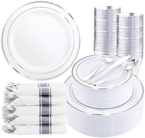 WDF Partyware 350Piece Silver Plastic Dinnerware Set for 50 Guests - Silver Plastic Plates with Cutlery Include:50Dinner Plates-50Dessert Plates-50Pre Rolled Napkins with Silverware Party Wedding by WDF