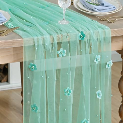 Artoid Mode Turquoise Flower Pearl Gauze Table Runner 10FT, Seasonal Sheer Dining Holiday Wedding Birthday Baby Shower Table Decor for Home Party by ArtoidMode