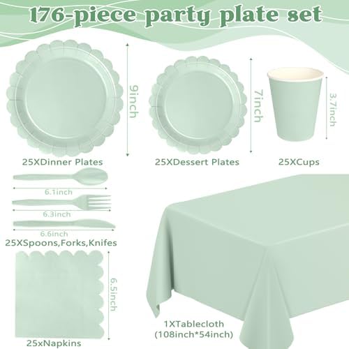 176 Pcs Sage Green Tableware Set for 24 Guests, Plates Cups Napkins Cutlery - Image 2