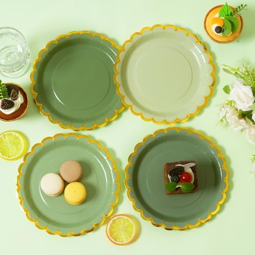 Green mix scalloped party plates with napkins and fork gold foil border, 24 Guest disposable Tableware Set Sage Green Party Decoration for Birthday Coquette Bridal Baby Shower Valentines - Image 2