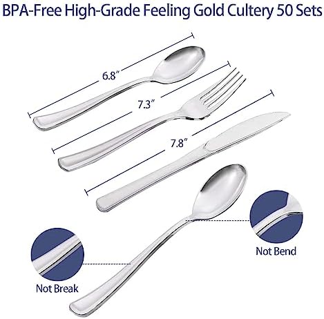 Gudvilla350 PCS Navy Blue Plates and Napkins Party Supplies,Navy Blue Paper Plates with Plastic Silverware Serve 50 Guests,Blue and Silver Birthday Plates Disposable for Wedding Retirement Decorations - Image 4