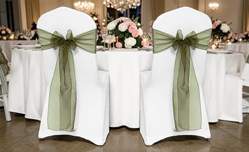 MDS Pack of 75 Organza Chair Sashes for Wedding & Event Décor – Olive Green - Image 2