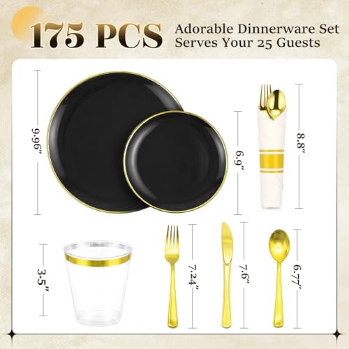 Black Gold Dinnerware Set Disposable Plates for 175PCS 25 Guests - Image 3
