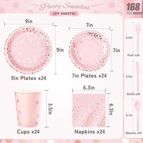 Pink Rose Gold Dots Party Plates,168PCS Birthday Tableware Party Supplies - Image 2