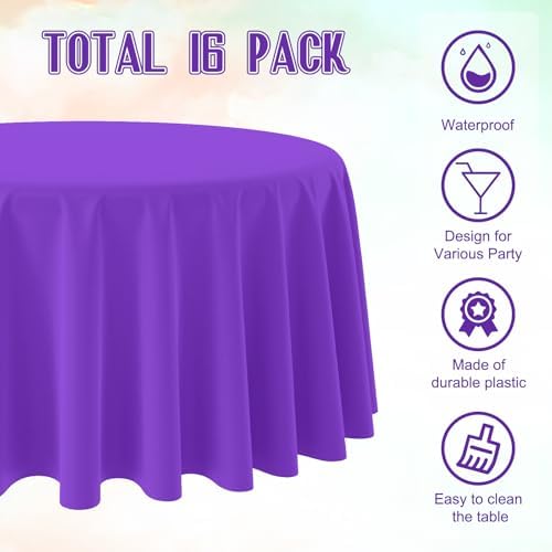 Ragnhild 16 Pack Purple Plastic Tablecloth for Round Tables, Premium Decorative Purple Disposable Table Cloths for Parties, Bulk Round Party Table Cover for Birthday Anniversary Graduation, 84 Inch - Image 3