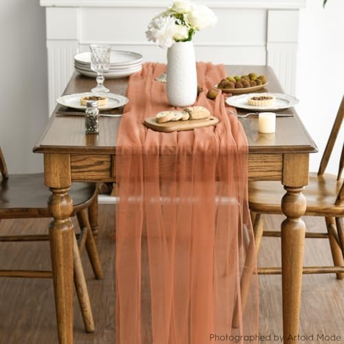 Artoid Mode 6PCS Terracotta Gauze Table Runner 120 Inch 10FT, Seasonal Sheer Kitchen Dining Holiday Wedding Birthday Baby Shower Table Decor for Home Party - Image 3