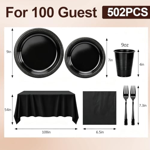 100 Guests Black Plastic Plates and Napkins Party Supplies for Birthday - Image 3