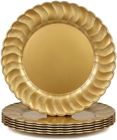 13 Inch Gold Scalloped Charger Plates with Gold Rim (Set of 6), Round Wave Plastic Serving Plates for Weddings, Bridal Showers, Birthday Parties, Catering & Table Decorations by Umisriro