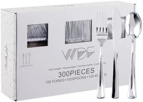WDF 300 Pieces Silver Plastic Silverware - Plastic Silverware Heavy Duty - 100 Forks 100 Knives 100 Spoons - Disposable Silver Cutlery Perfect for Party/Wedding/Christmas by WDF