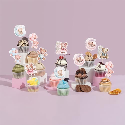 Gyufise 32Pcs Baby Shower Bear Cupcake Toppers Moon Baby Bear Baby Shower Cake Topper Decorations Jungle Animal Theme Birthday Party Cake Supplies Blue Pink - Image 7
