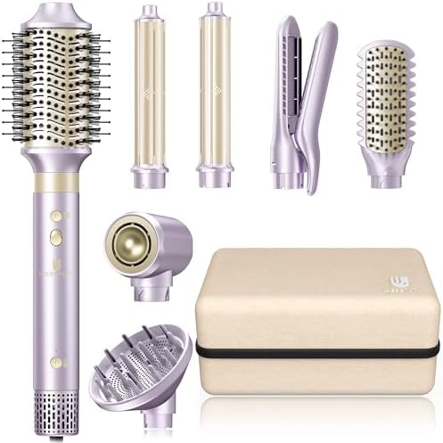 Hair Dryer Brush 7-in-1 Dual Voltage Hot Air Styler – Fast-Drying 110,000 RPM Ionic Blow Dryer with Straightener & Curler Attachments, Frizz-Free Volumizing Styler with Protective Hard Case-Purple by TakeHairSalonHome