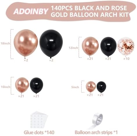 Rose Gold and Black Balloon Arch Kit, ADOINBY 140Pcs Metallic Rose Gold Black Balloon 18 12 10 5 Inch Different Size Balloons for Birthday Party Bridal Shower Wedding Engagement Anniversary Decoration - Image 2