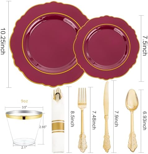 Liacere 350PCS Red Plastic Plates-Disposable Burgundy Red and Gold Plates 50guest Baroque Plastic Dinnerware include 100Plates, 50Pack Pre Rolled Napkins with Silverware 50Cups for Party & Halloween - Image 4