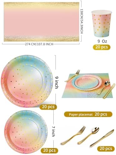 Nkaiso 141Pcs Rainbow Paper Plates and Napkins Party Supplies for20 - Image 3