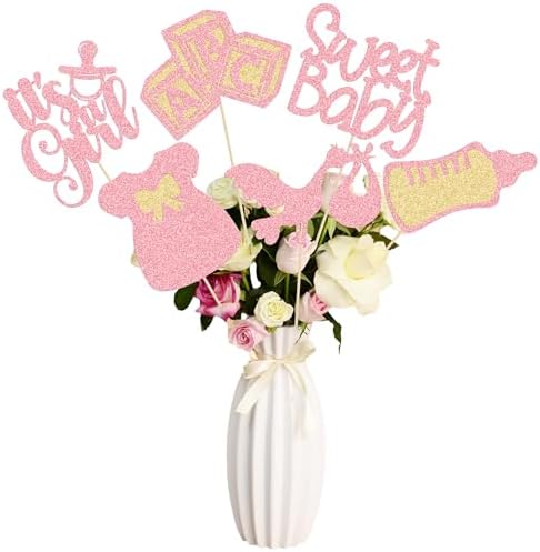 Gyufise 12Pcs Baby Shower Centerpiece Sticks Glitter Tie Onesie Oh Baby Gender Reveal It's a Girl Table Centerpiece Sticks for Baby Shower Gender Reveal Kids Birthday Party Supplies Pink by Gyufise
