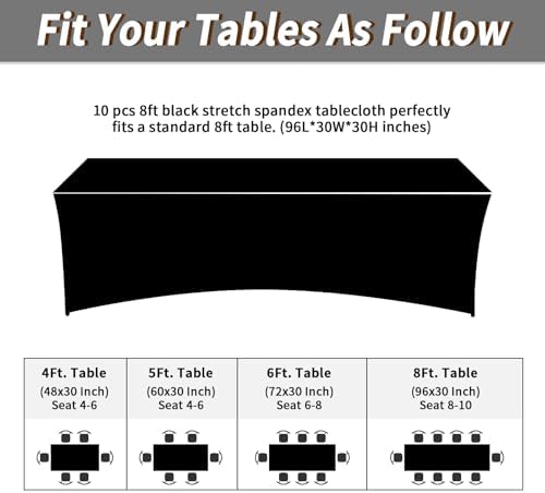 Fixwal 10 Pack 8FT Black Tablecloth Rectangle Spandex Fitted Table Cover - Image 3